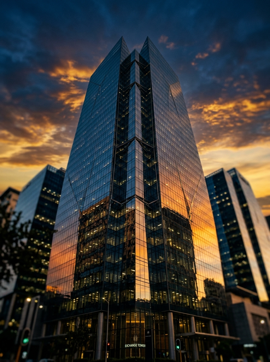 Modern financial district skyscraper at sunset, reflecting the ambition of African capital markets